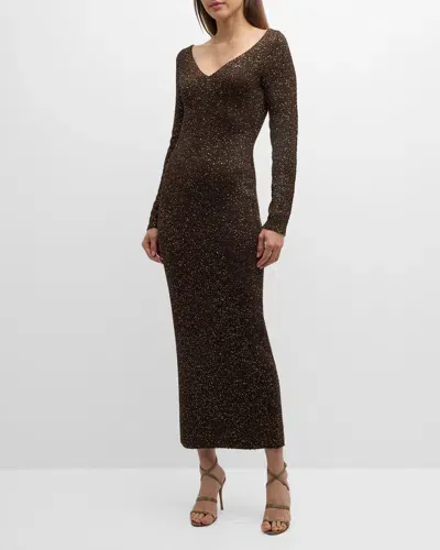 Lela Rose Sequin Maxi Dress With Low-cut Back In Chestnut