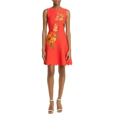 Lela Rose Sleeveless Floral Scallop Hem Fit & Flare Dress In Red