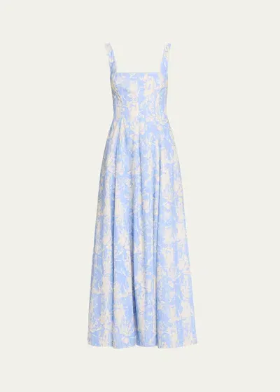 Lela Rose Square-neck Striped Flower-print Sleeveless Maxi Dress In Oxford Ivory