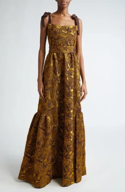 Lela Rose Sunflower Brocade Gown In Chestnut/gold