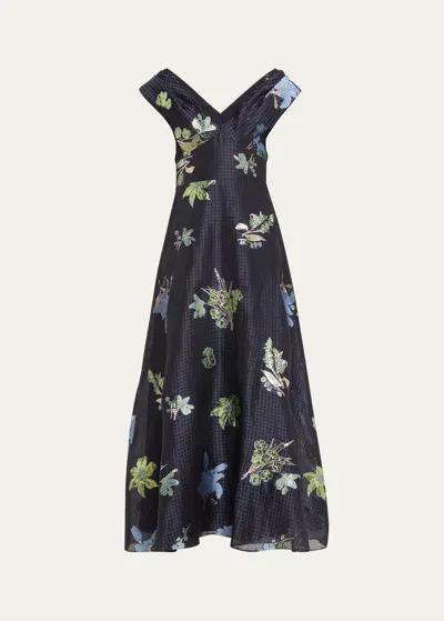 Lela Rose V-neck Metallic Floral Gingham Jacquard Midi Dress In Navy