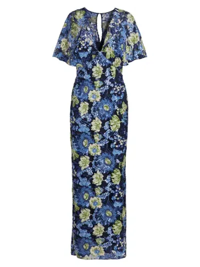 Lela Rose V-neck Flower Sequin Cape-sleeve Column Maxi Dress In Navy