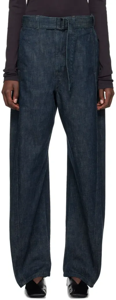 Lemaire Blue Twisted Belted Jeans In Bl760 Denim Indigo