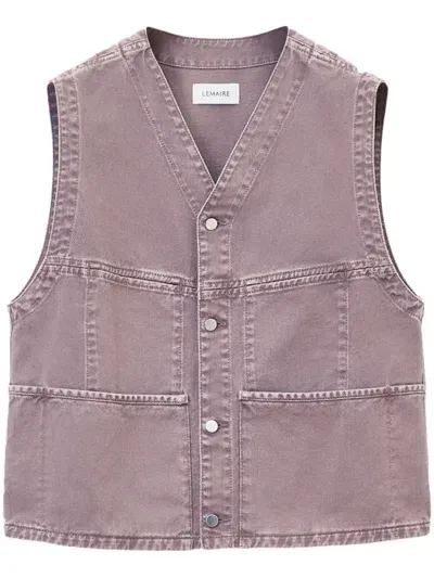 Lemaire Collarless V-neck Denim Gilet In Purple