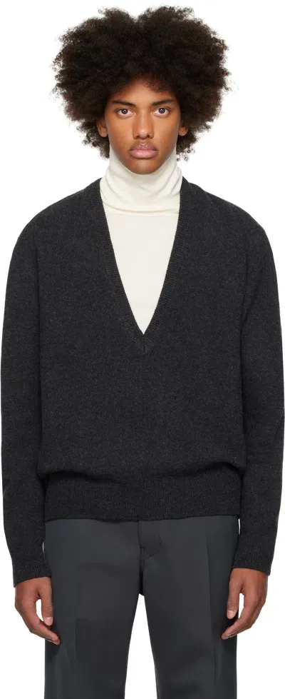 Lemaire Gray Deep V-neck Sweater In Bk981 Anthracite Mel