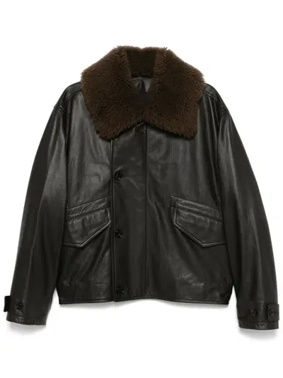 Lemaire Leather Padded Jacket In Brown