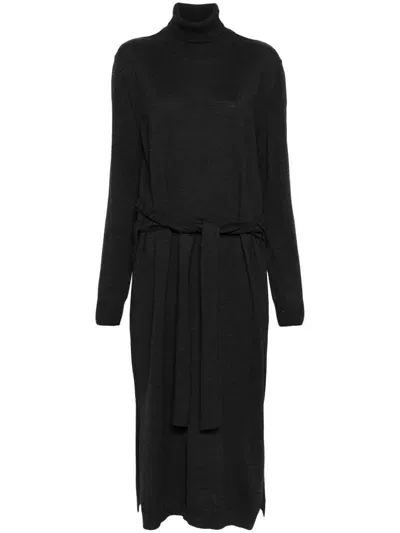 Lemaire Trompe Loeil Turtleneck Belted Midi Dress In Black