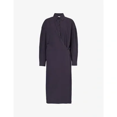 Lemaire Womens Dark Navy Twisted Wrap-over Cotton Midi Dress