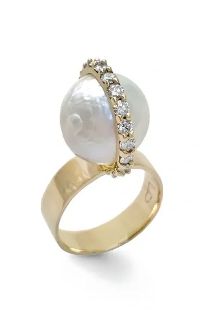 Leslie Paige Perched Cultured Pearl & Diamond Ring In Gold