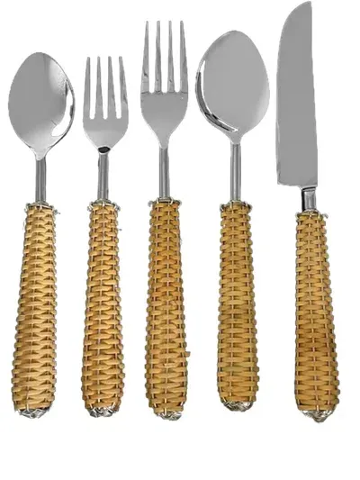 Les-ottomans Rattan Cutlery Set (set Of Five) In Silver