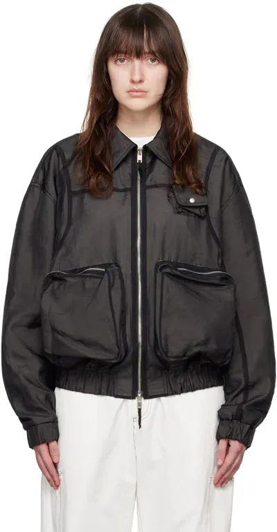 Lesugiatelier Black Sheer Overlay Bomber Jacket