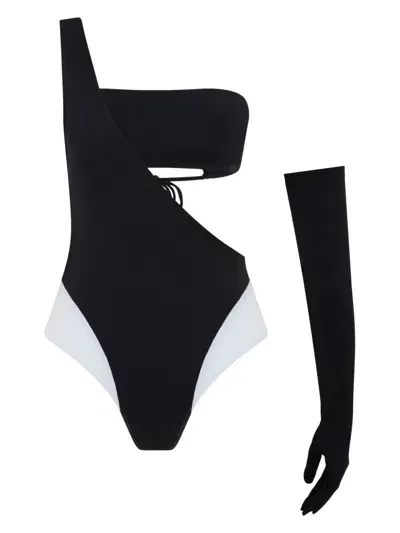 Let's Swim One-shoulder Bandeau Swimsuit In Black