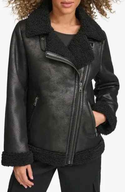 Levi's Faux Shearling Lined Faux Leather Moto Jacket In Black