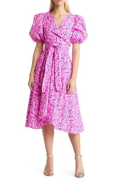 Lilly Pulitzer Juney Puff Sleeve Faux Wrap Midi Dress In Wild Fuchsia