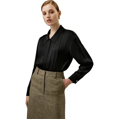 Lilysilk Pleated Shirt-collar Silk Blouse In Black