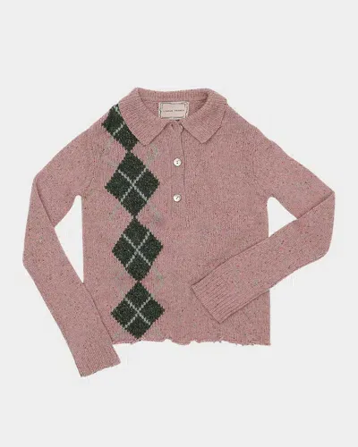 Lingua Franca Lee Distressed Argyle Knit Polo Shirt In Rose Garden