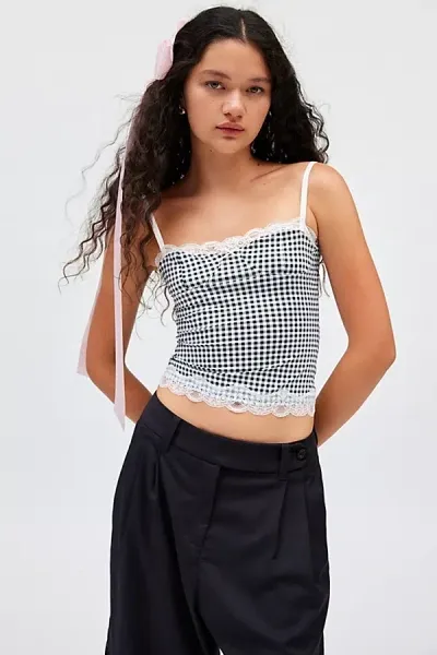 Lioness Top Model Gingham & Lace Cami In Black, Women's At Urban Outfitters