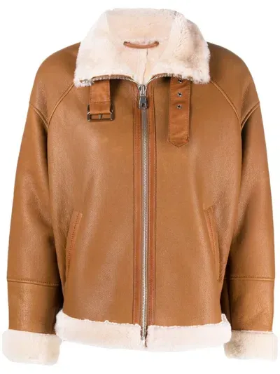 Liska Zip-front Shearling Jacket In Brown