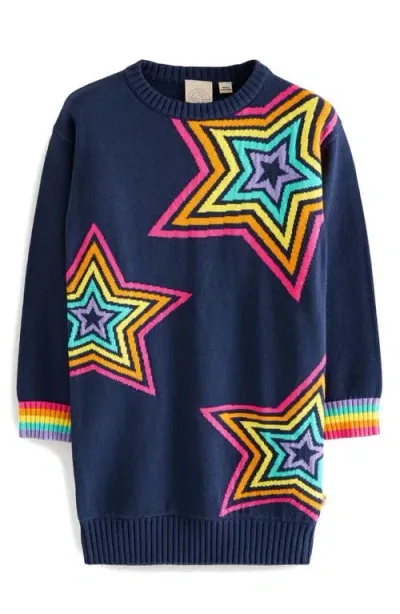 Little Bird Kids' Rainbow Star Cotton Graphic Sweater Dress In Navy