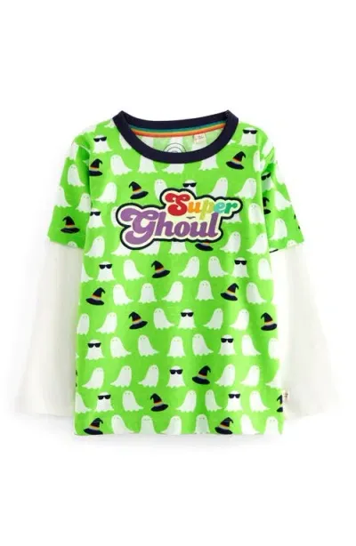 Little Bird Kids' Super Ghoul Long Sleeve Layered Look Cotton Graphic T-shirt In Neon Green