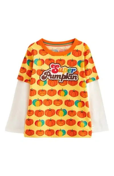 Little Bird Kids' Super Pumpkin Long Sleeve Layered Look Cotton Graphic T-shirt In Orange