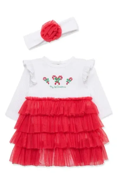 Little Me Babies'  Candy Cane Skirted Bodysuit & Headband Set In Red