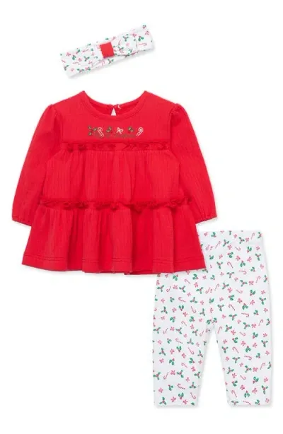 Little Me Babies'  Candy Cane Tunic, Leggings & Headband Set In Red Multi