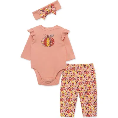 Little Me Babies'  Pumpkin Cotton Bodysuit, Leggings & Headband Set In Pink