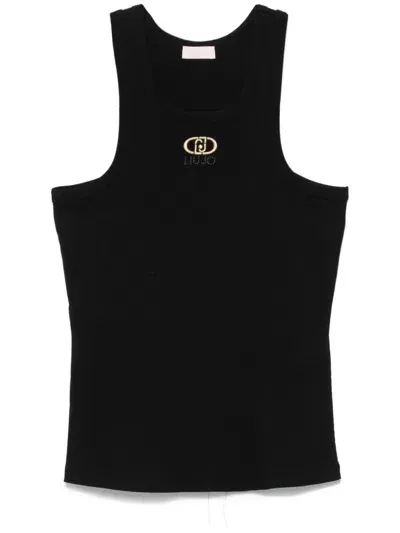 Liu •jo Embroidered-logo Fine-ribbed Top In Black