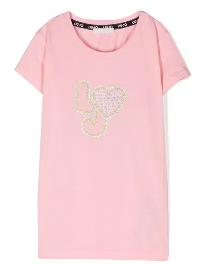 Liu •jo Glitter-embellished Logo T-shirt In Rosa