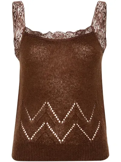 Liu •jo Lace-trim Knitted Top In Brown