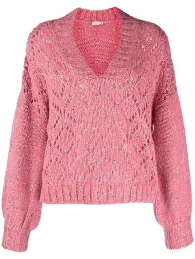 Liu •jo Open-knit V-neck Jumper In Rosa