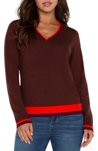 Liverpool Contrast Trim V-neck Sweater In Retro Brown Multi