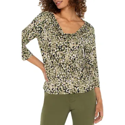 Liverpool Drape Neck Jersey Top In Olive Camo Dot