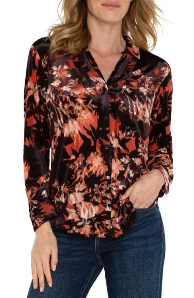 Liverpool Floral Burnout Velvet Button-up Shirt In Fire Opal Burnout