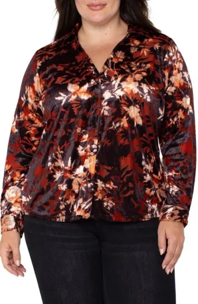 Liverpool Floral Print Burnout Velvet Shirt In Fire Opal Brnot