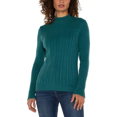 Liverpool Mock Neck Cable Sweater In Malachite