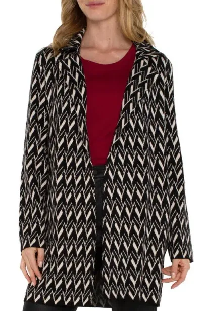 Liverpool Open Front Long Sweater In Black/cream Chevron