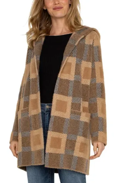 Liverpool Plaid Open Front Longline Coatigan In Camel Check