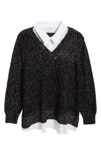 Liverpool Point Collar Mixed Media Sweater In Black With White Flakes