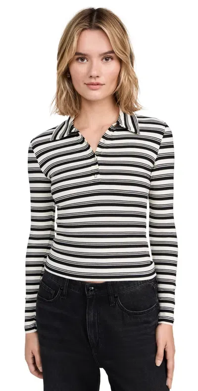 Lna Sylvie Collared Ribbed Long Sleeve Tee Black Multi Stripe