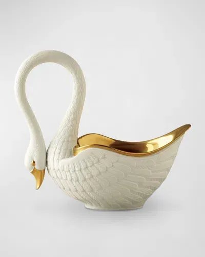 L'objet Swan 24k Gold-plated Bowl, 14" Wide In White