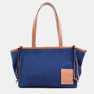 Pre-owned Loewe Brown/navy Blue Canvas And Leather Cushion Tote Bag