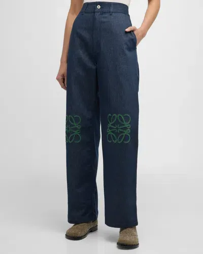 Loewe High-rise Anagram-knee Baggy Straight-leg Jeans In Raw Denim