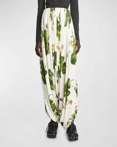 Loewe Leaf-print Draped Wide-leg Trousers In White Mult