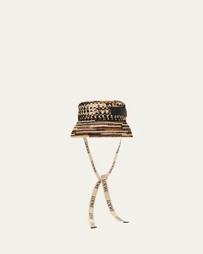 Loewe Paula's Ibiza Leather And Webbing-trimmed Striped Raffia Bucket Hat In Brown