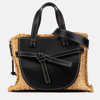 Pre-owned Loewe Small Raffia And Leather Gate Top Handle Bag In Black