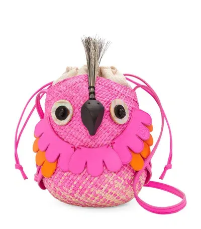 Loewe X Paula's Ibiza Bird Bag In Iraca Palm With Leather Strap In Natural Fuchsia