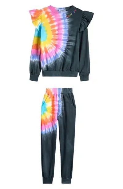 Lola & The Boys Lola + The Boys Kids' Rainbow Tie Dye Ruffle Sweatshirt & Joggers Set In Black