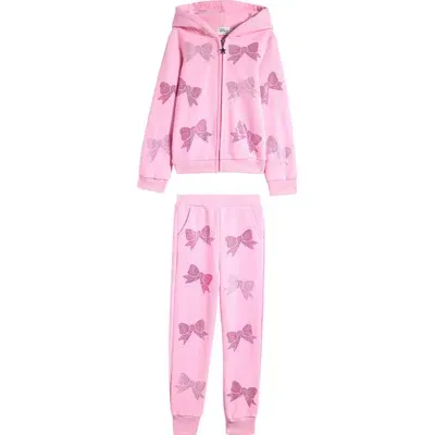 Lola & The Boys Lola + The Boys Kids' Rhinestone Bow Zip-up Hoodie & Joggers Set In Pink